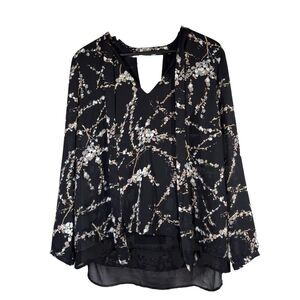 DR2 Blouse Women's Size Large Black with Muted Grey/Pink Floral Long‎ Sleeve